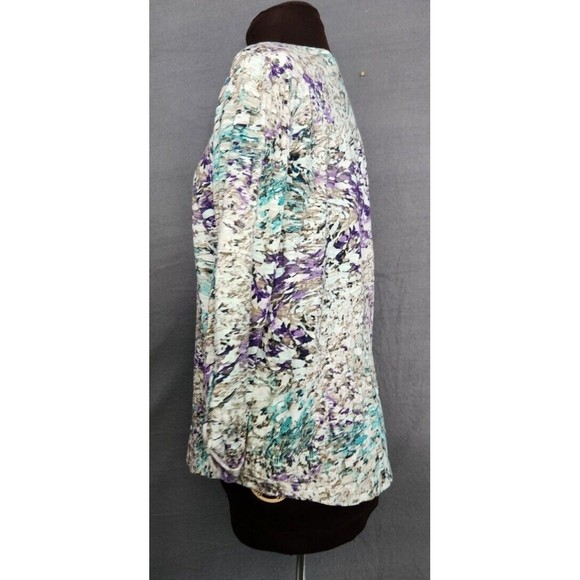 CHICOS Womans Roll Tab 3/4 Sleeve Knit TOP‎ Tan Teal Purple Tunic Sz 0 Small - Picture 2 of 10